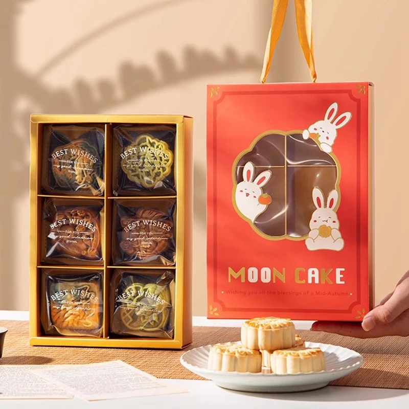 5pcs Mooncake Gift Boxes, Premium Cardboard Mid-Autumn Festival Packaging with Gold Foil Design, Handle for Easy Carrying, Perfect for Mooncakes, Chocolates, Egg Yolks, and Autumn Festival Gifts - 图片 3