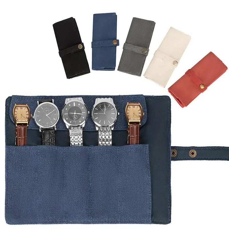 Premium Canvas Watch Band Roll Organizer with 5 Individual Slots, Portable Travel Storage Case for Smart Watches and Straps, Durable Anti-Slip Wristwatch Bag for Secure On-the-Go Protection - 图片 3