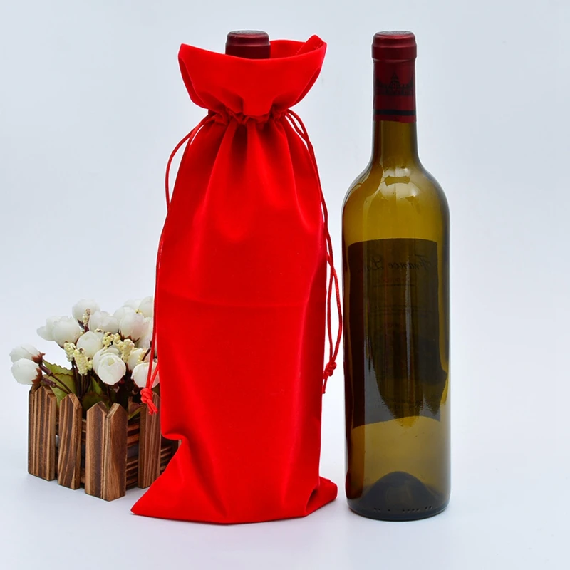 Luxury Velvet Red Wine Bottle Bag with Drawstring – 15×35cm Flannel Gift Pouch for Wedding, Birthday, Graduation, Party, or Housewarming – Soft Cloth Wine Cover, Elegant Gift Packaging - 图片 6