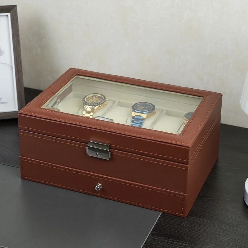 12-Slot PU Leather Lockable Watch Storage Box with Two-Tier Organizer, Secure Jewelry Display Drawer Case for Men and Women Featuring Soft Interior, Elegant Travel and Home Storage Solution for Luxury Accessories 6