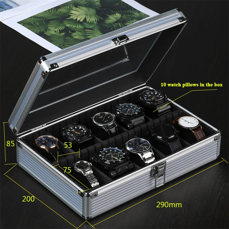 10-Slot Multi-Purpose Aluminum Alloy Watch Storage Case with Removable Internal Dividers, Protective Display Suitcase Organizer for Watches, Bracelets, Jewelry, Portable Travel Carrying and Home Storage 10