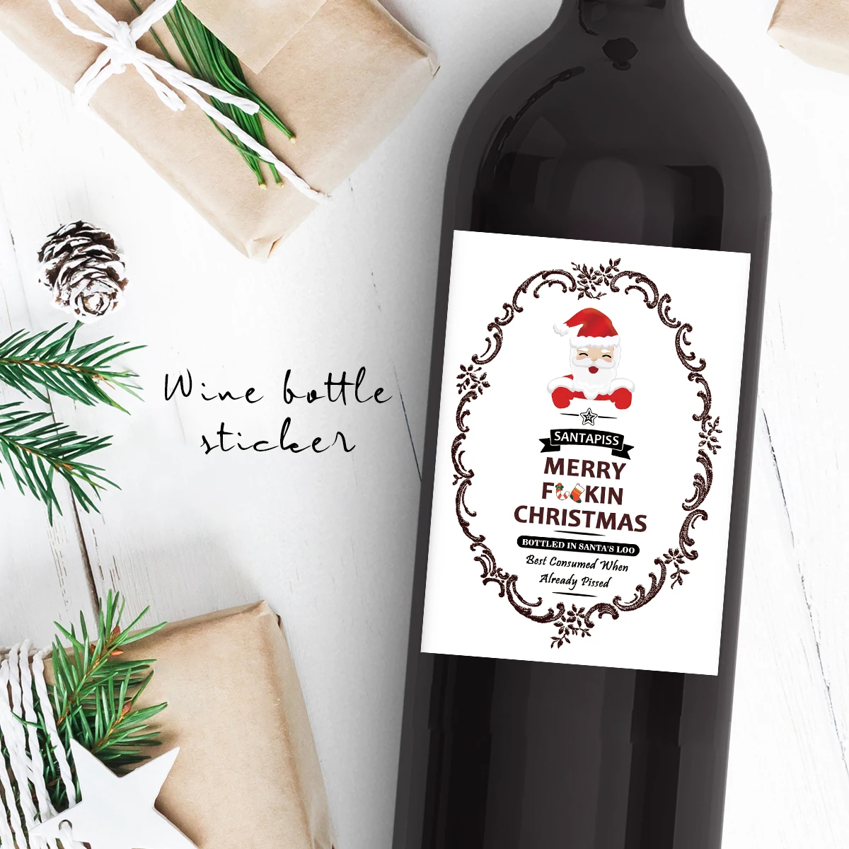 5-Pack Funny Santa Claus Christmas Wine Bottle Stickers – Self-Adhesive Holiday Wine Labels with Novelty Joke for Party Decor, Gifts, and Festive Celebration - 图片 5