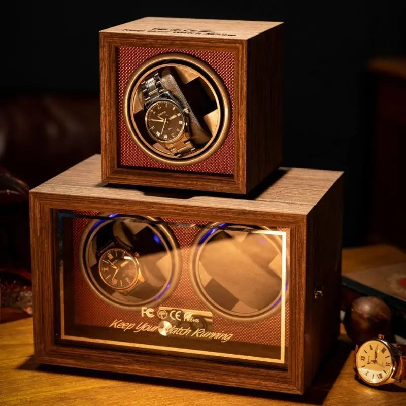 Luxury Automatic Watch Winder – Wooden Retro Organizer with Silent Motor and Anti-Magnetic Design, High-Density Pine & Leather Construction, Multiple Slots with USB Power, LED Light, 5 Rotation Modes - 图片 3