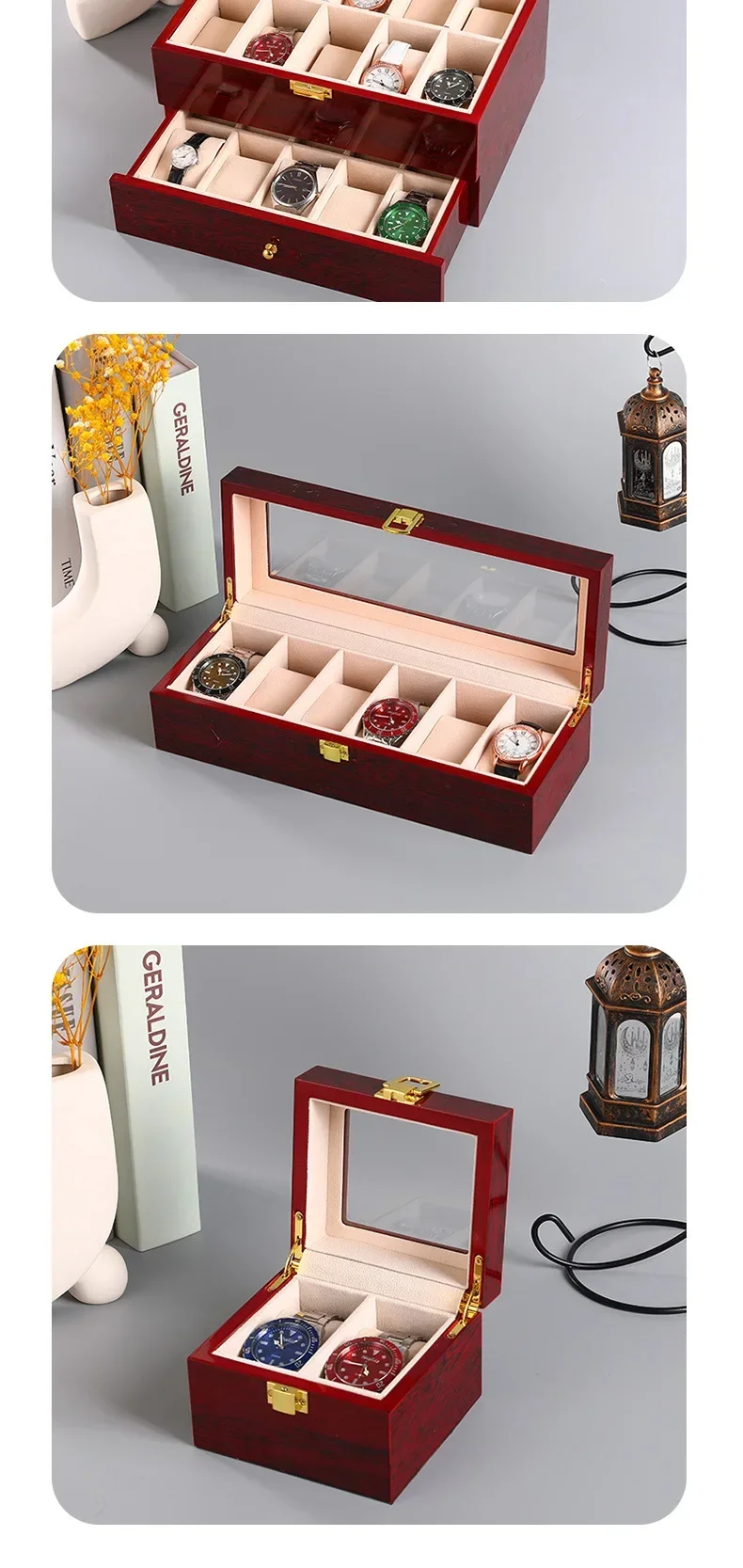 Wooden Watch Storage Box with 1/2/3/5/6/10/12 Slots, Piano-Bake-Paint Finish, Jewelry Organizer for Men & Women, Travel and Home Display Case for Watches, Bracelets, Small Gifts, Elegant MDF Construction 5