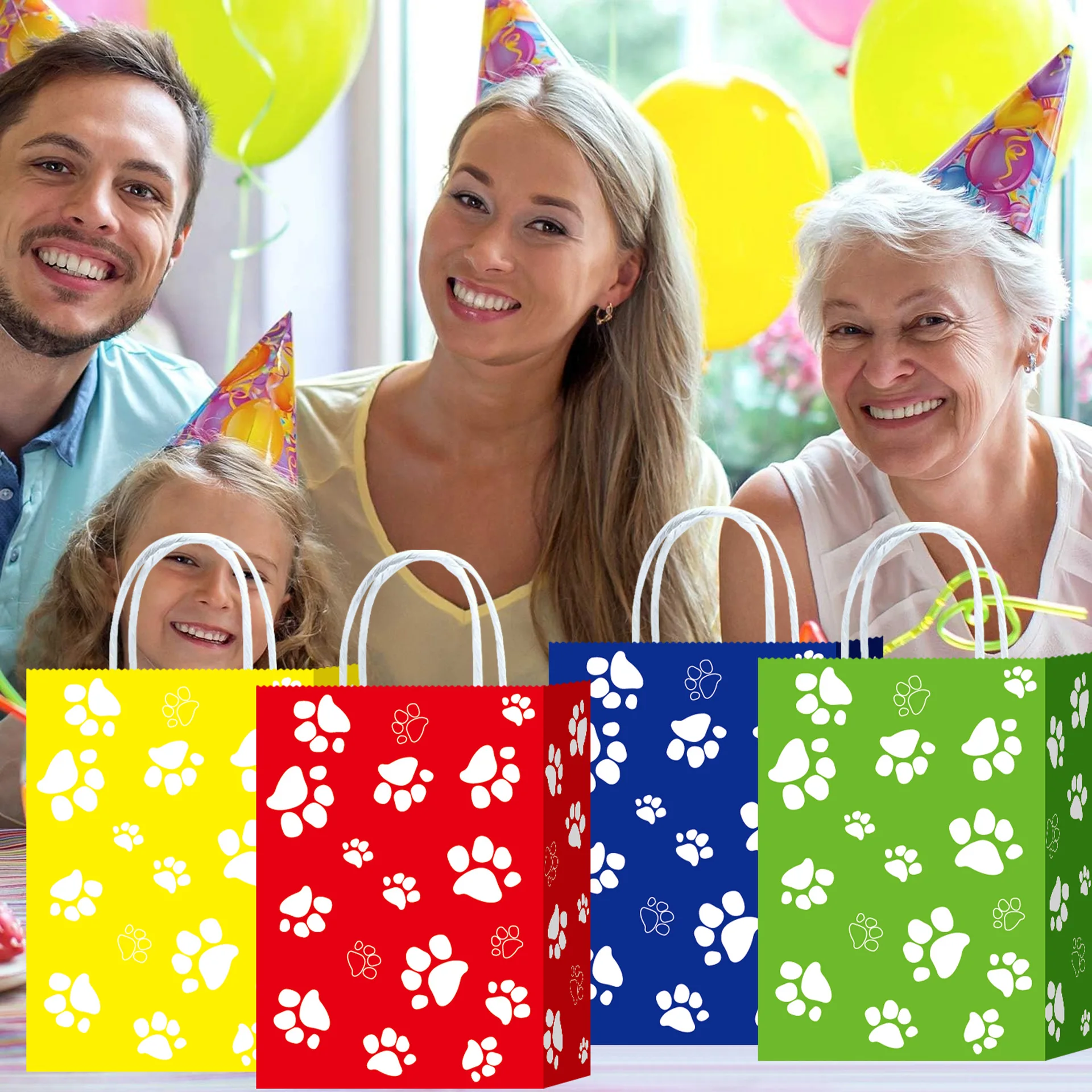 5 or 100pcs Dog Gift Bags 6.3×3.1×8.6inch Puppy Paw Print Kraft Paper Bags Multi-Color White Blue Yellow Green Red for Pet Party Birthday Favor Supplies - 图片 2