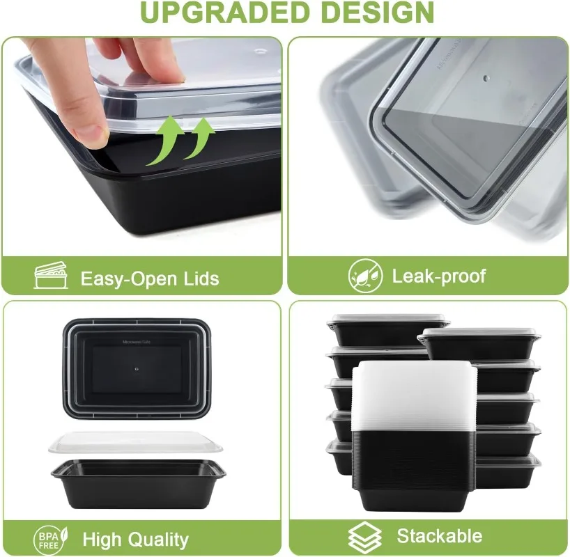 10/20Pcs Disposable Plastic Lunch Box with Lid, Black Food Containers for Fruits, Vegetables, Salads, Sandwiches, Meal Prep, Takeout Kitchen Storage Bento Box Microwave Safe - 图片 5