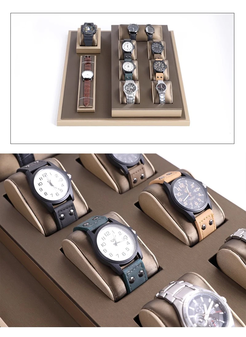 Luxury Brown Leatherette Watch Display Stand Holder – Retail Store Counter and Window Organizer for Watch Presentation, Ramp Base Desk Prop for Jewelry Shop Showcase and Professional Display Use 7