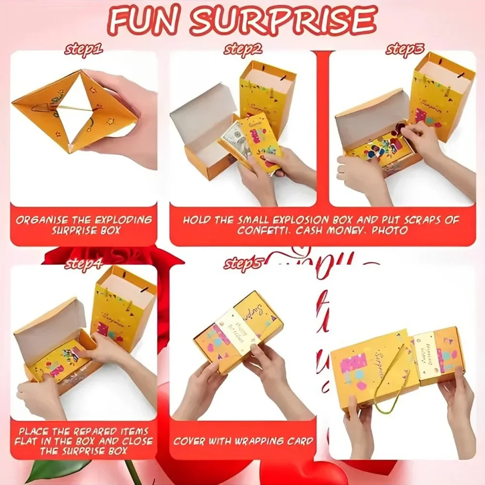 Folding Bounce Gifts Box Set, Creative Paper Jumping Boxes with Gift Bag, Valentine’s Day Birthday Party DIY Decoration Supplies, Surprise Paper Packaging Box Set with Reusable Gift Bag - 图片 6