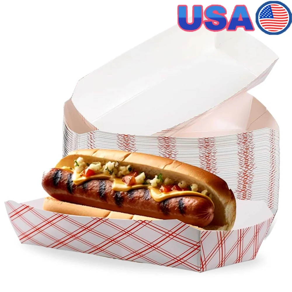 50 Pack 7-Inch Disposable Paper Hot Dog Trays Grease-Resistant Food Boats for Sausages Brats Food Trucks Concession Stands Cafeterias and Home Use
