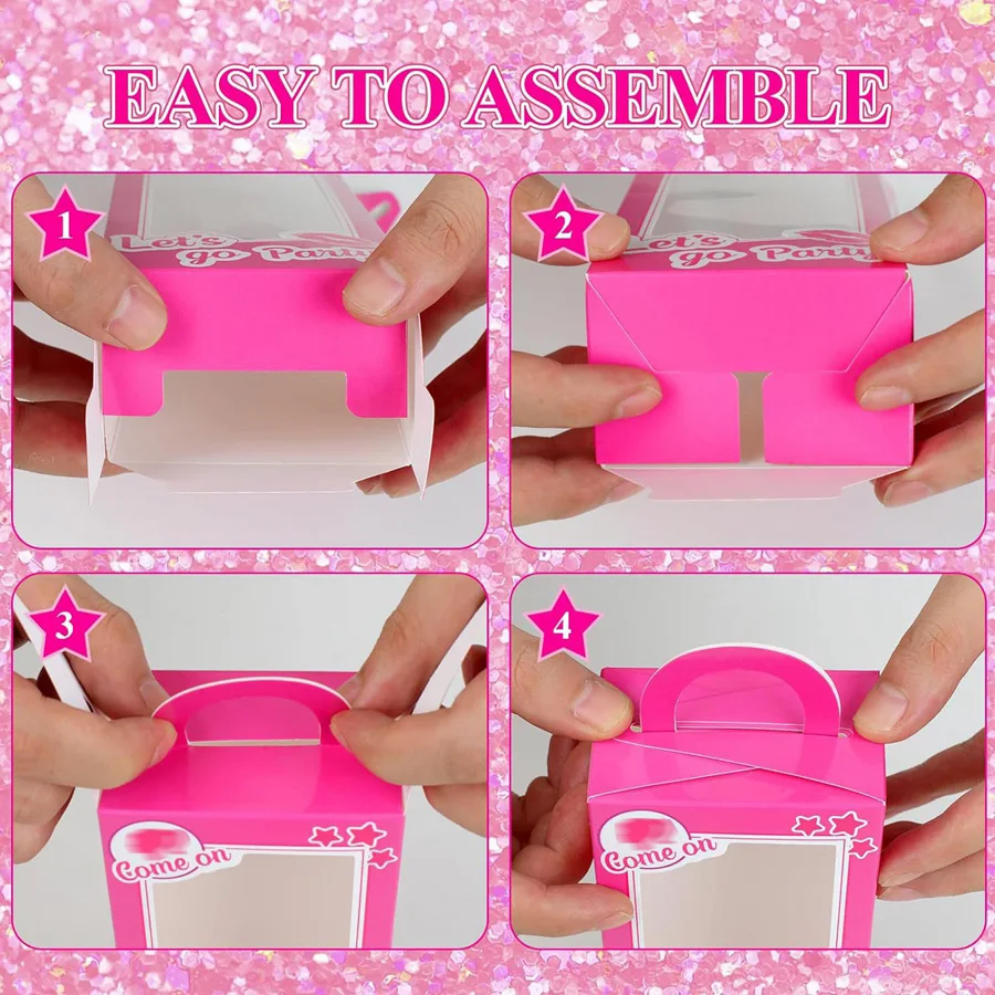 12PCS Hot Pink Doll Party Favor Boxes with Handles, Cute Gift Boxes for Candy, Cookies, Treats, Birthday Decorations, Bachelorette Party Supplies, Goodie Bags, Doll-Themed Props for Kids Girls Party