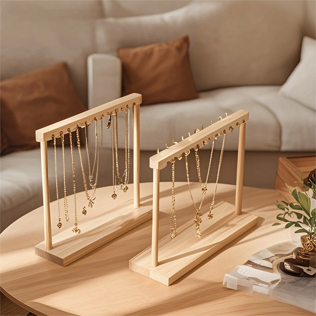 Wooden Jewelry Organizer Display Stand for Necklace, Earrings, and Bracelets – Countertop Chain Hanging Rack Jewelry Storage Display Prop with Velvet Finish for Boutique, Shop, Home Showcase - 图片 5