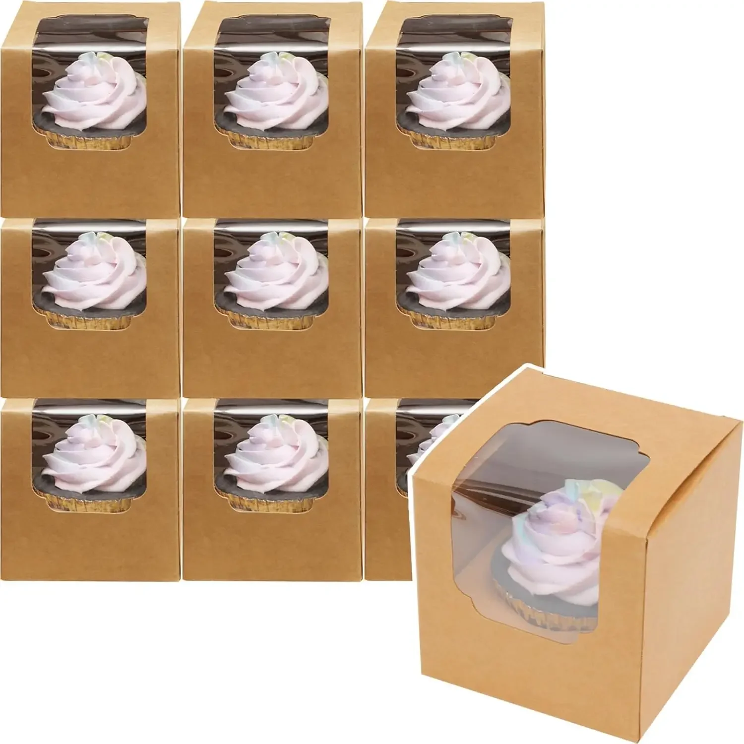10/20/30pcs Single Cupcake Boxes with Insert and Clear Window, Foldable Paper Muffin Containers for Parties, Weddings, Birthdays, Baby Showers, Individual Dessert Packaging