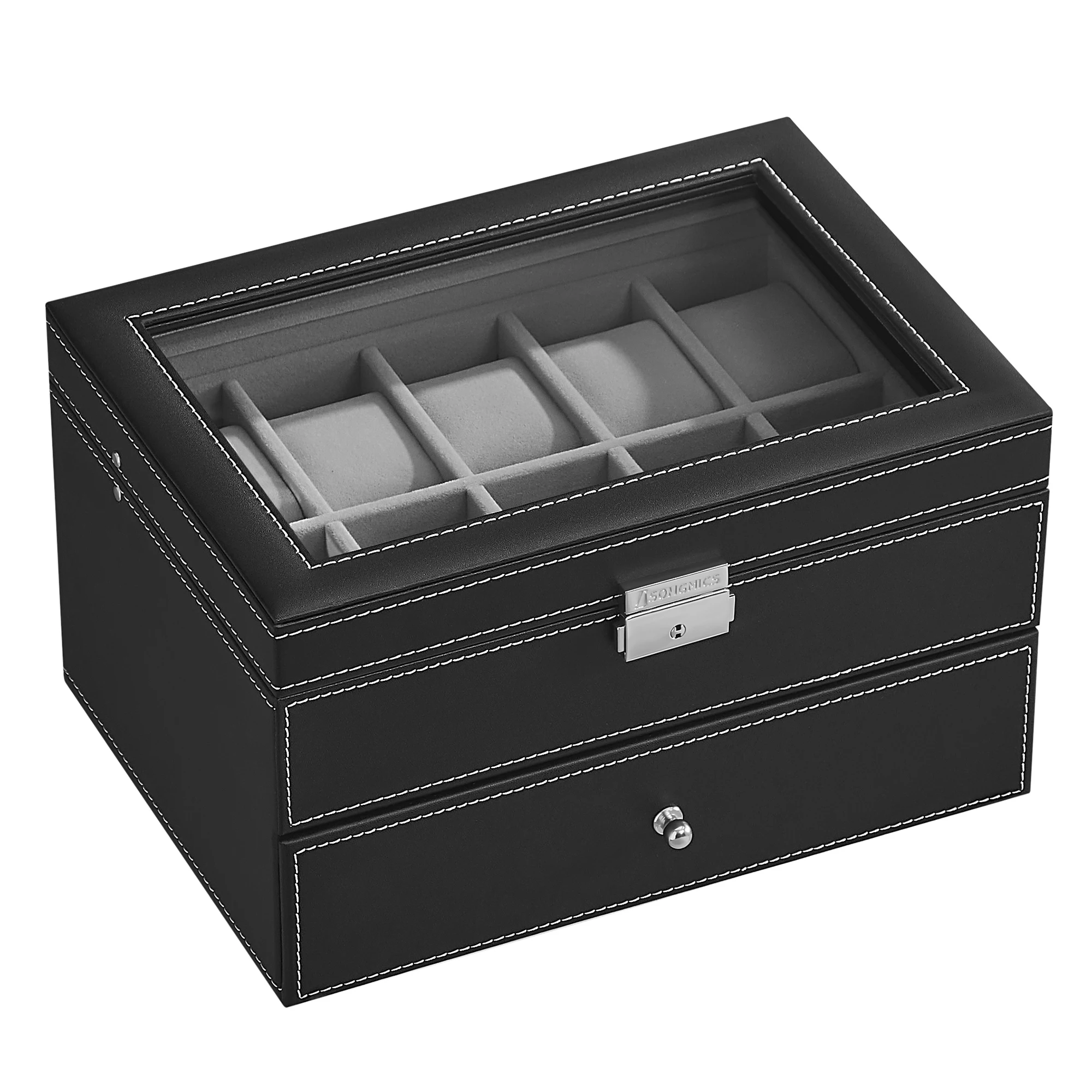 Black Synthetic Leather 20-Slot Watch Box with Glass Lid, Two-Layer Lockable Display Case, Velvet-Lined Organizer for Watches and Jewelry, Medium Density Fiberboard & PU Construction, Elegant Storage for Home & Office - 图片 7