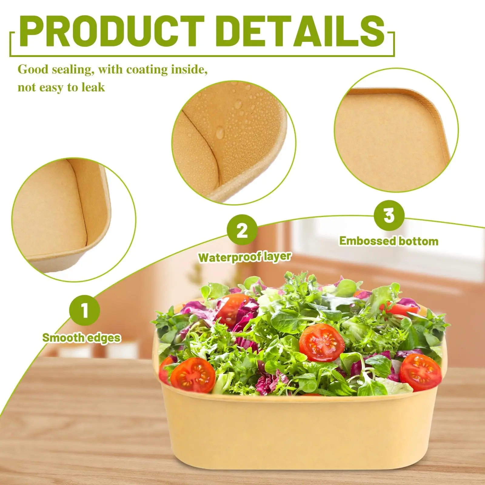 25PCS Kraft Paper Lunch Box with Lid, Square Disposable Food Containers, Eco-Friendly Salad Bowl Takeout Packaging Box for Snacks, Picnic, Meal Prep, Catering, Parties, Household Storage - 图片 3