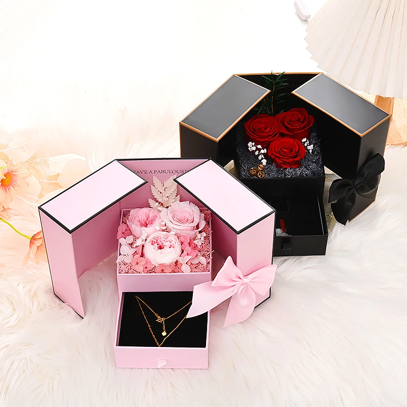 Romantic Soap Rose Flower Jewelry Gift Box with Double Drawer Design, Elegant Packaging Case for Necklace Ring Lipstick, Valentine’s Day, Wedding, Birthday, Mother’s Day, Christmas and Anniversary Surprise 1