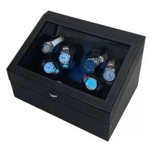 Luxury Automatic Watch Winder Box with 3+3 / 6+6 Slot PU Leather Storage, Ultra-Quiet Motor, Soft Blue LED Backlight, Adjustable Rotation Modes, Elegant Mechanical Watch Display Organizer for Collectors