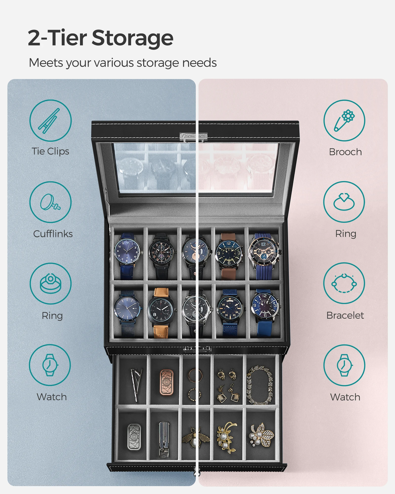 Black Synthetic Leather 20-Slot Watch Box with Glass Lid, Two-Layer Lockable Display Case, Velvet-Lined Organizer for Watches and Jewelry, Medium Density Fiberboard & PU Construction, Elegant Storage for Home & Office - 图片 3