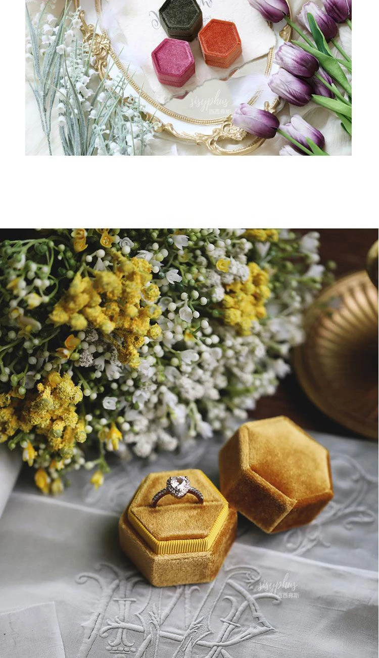 Vintage Hexagon Velvet Jewelry Double Ring Packaging Box | Elegant Engagement Wedding Ring Holder | Velvet Empty Case for Ceremony, Proposal, Valentine’s Gift Organizer Display