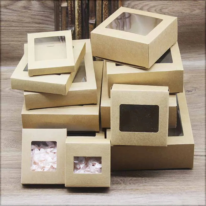 10Pcs Vintage Kraft Paper Gift Boxes with Clear Window, Multi-Size DIY Paper Packaging Containers for Cakes, Muffins, Wedding Favors, Family Gatherings, and Dessert Presentation - 图片 4