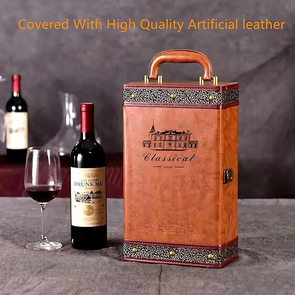 2 Bottle Wine Gift Box with 4 Accessories Set – PU Leather Portable Wine Carrier Tote, Dual Bottle Storage and Presentation Box for Home Display, Business Gifting, and Wine Collection - 图片 5