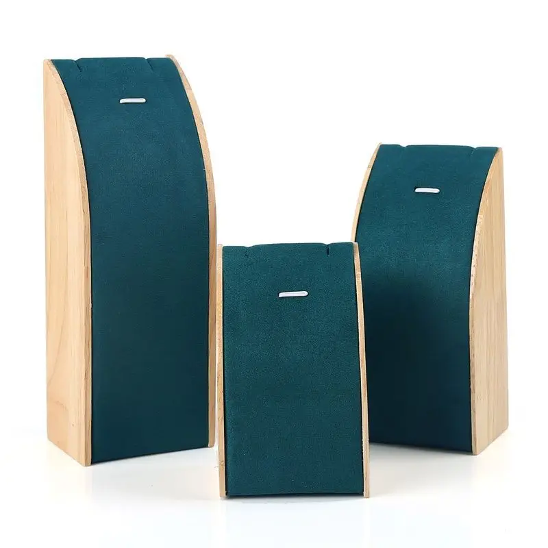 Luxury Wooden Necklace Display Stand for Jewelry – Curved Pendant Holder Organizer for Necklaces, Bracelets & Chains, Velvet/PU Surface Counter Showcase Props, Jewelry Storage Rack for Retail & Home Use