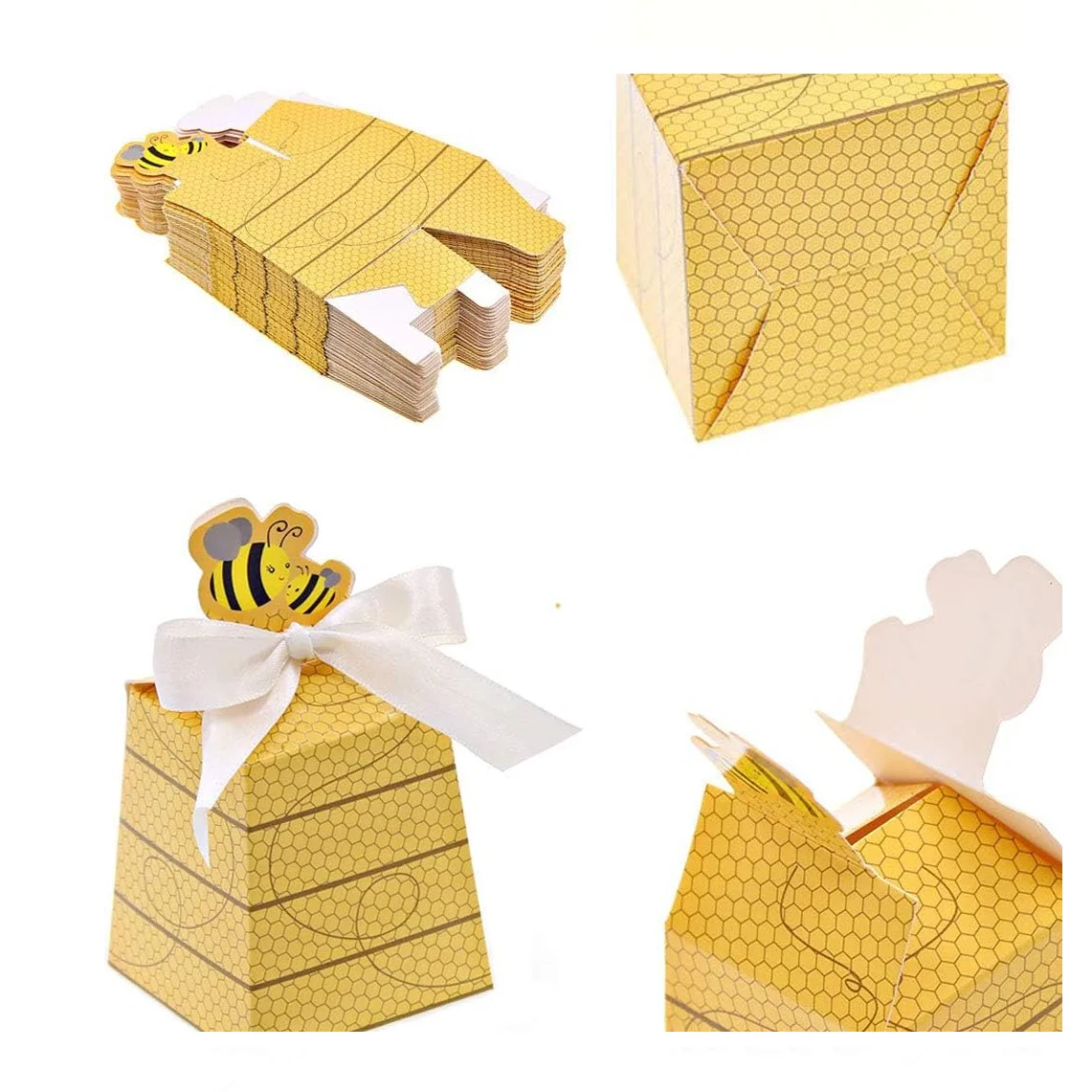 25PCS Paper Beehive-Shaped Gift Boxes with Ribbons, Fun Bee Party Favor Packaging for Weddings, Birthdays, Baby Showers, Candy or Small Gifts, Decorative Party Boxes, Factory Direct Supply - 图片 5