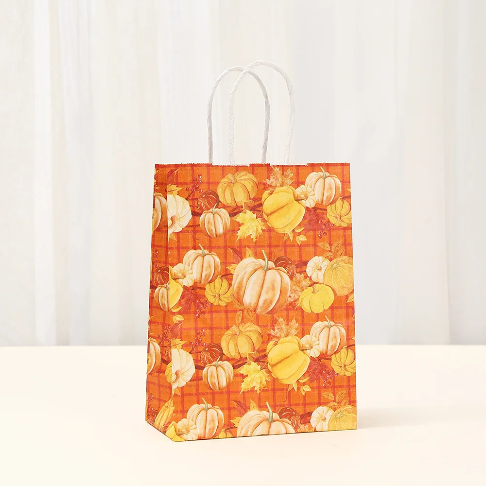 Autumn Pumpkin & Maple Leaf Kraft Paper Gift Bags for Candy, Sweets, Cookies, Party Favors, Thanksgiving, Baby Shower, Birthday, Wedding, Harvest Festival, Eco-Friendly Packaging, Large Capacity