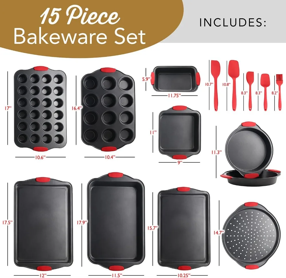 Premium 15-Piece Nonstick Bakeware Set with Muffin Pans, Cake Pans, Cookie Sheets, Loaf Pan, Pizza Pan & Silicone Utensils – Carbon Steel Oven-Safe Baking Kit for Home and Professional Kitchens