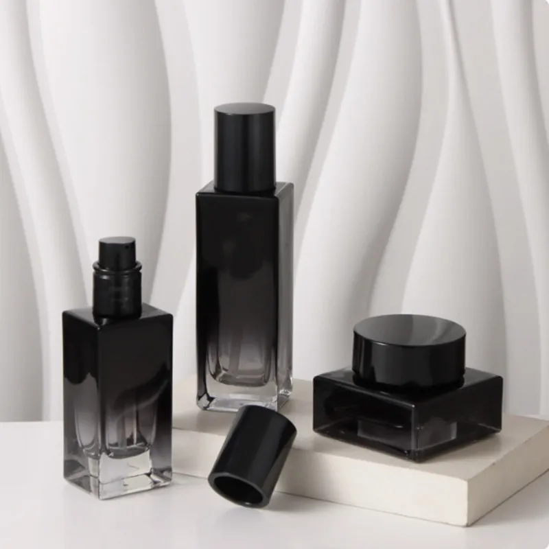 7PCS Cosmetic Container Set – 30/50G Cream Jars, 20–120ML Lotion Pump and Serum Bottles, Clear and Black Glass Refillable Travel-Ready Portable Bottles for Skincare, Retail Display, Gifting and Boutique Packaging 4