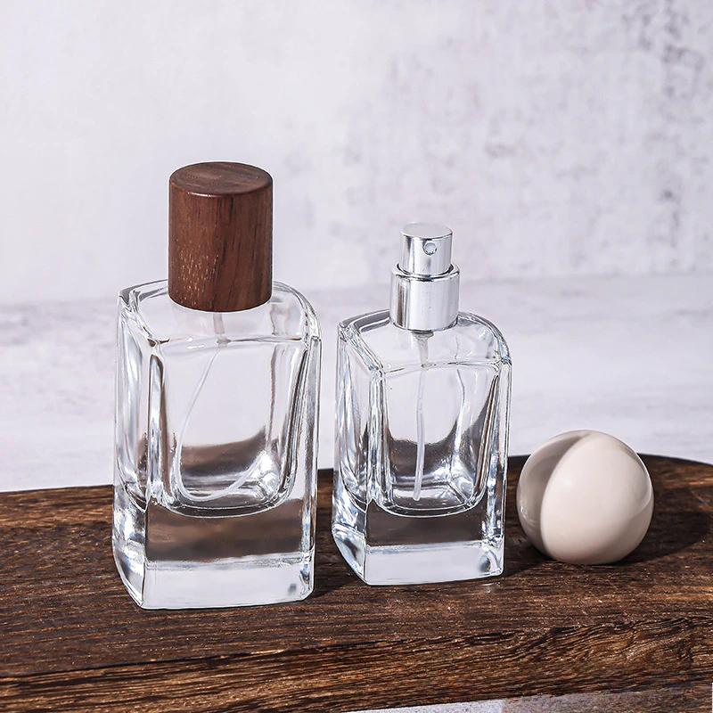 30ml & 50ml Refillable Flat Square Glass Perfume Bottles – Portable Travel Cosmetic Spray Containers with Replacement Wooden Caps, Empty Reusable Fragrance and Essential Oil Storage