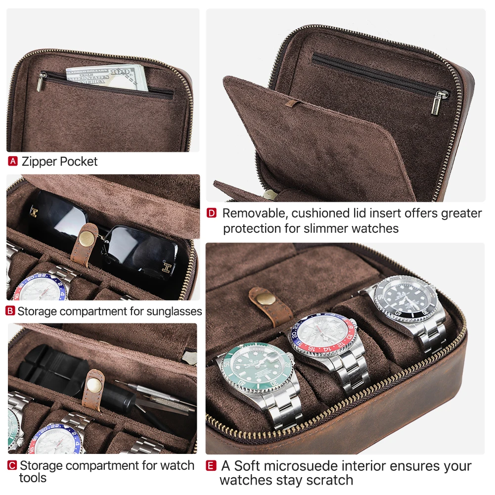 Travel Watch Organizer | Premium Retro Genuine Leather Travel Organizer for Watches, Sunglasses and Jewelry with Soft Velvet Lining, Multi-slot Storage Box, Elegant Gift Case for Men and Women, Portable and Durable Luxury Design - 图片 5