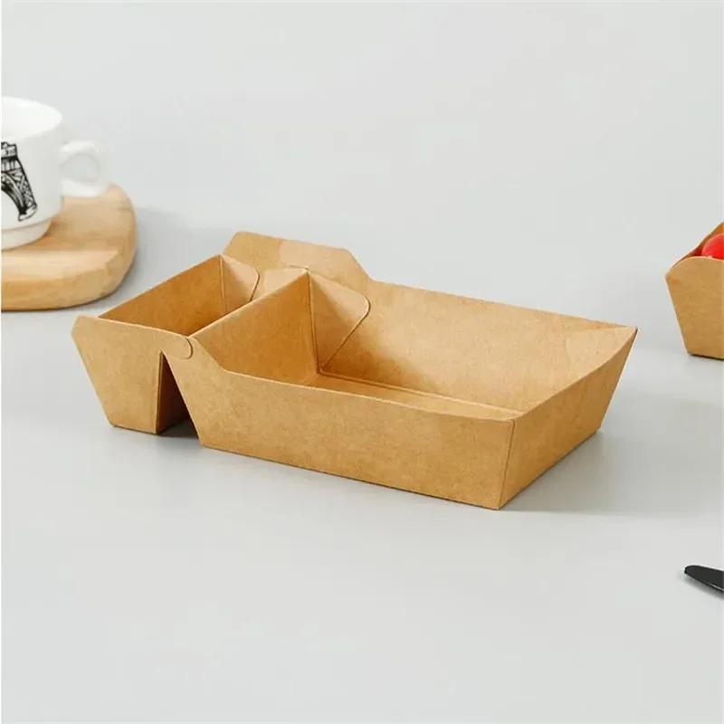 50pcs Disposable Kraft Paper Food Serving Trays with Dual Compartments, Eco Friendly Snack Boxes for French Fries, Chicken, Salad, Nachos, Desserts, Takeout and Party Catering Supplies 2