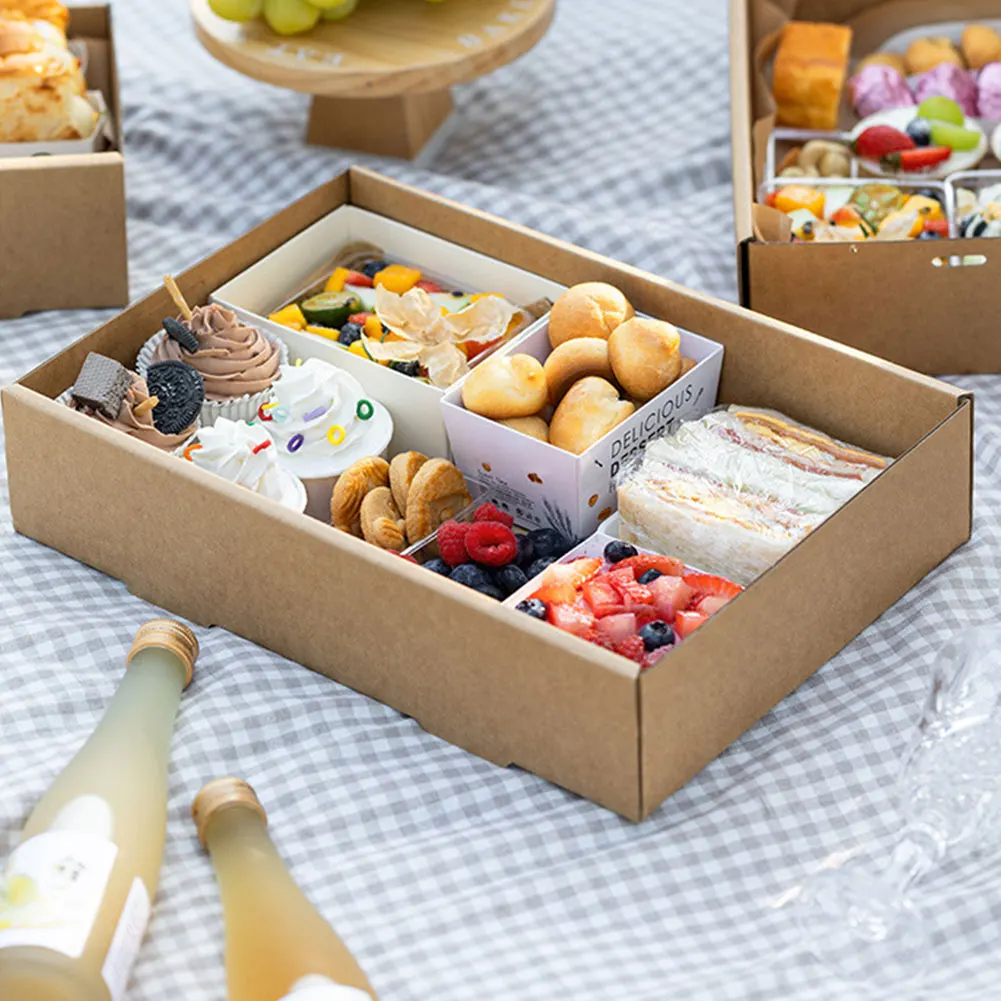 2Pcs Disposable Picnic Lunch Box Food Containers with Lid, Kraft Paper Bento Box for Fried Chicken, Salad, Cake, Takeout, Outdoor Camping, Birthday Party Supplies, Corrugated Paper Takeaway Packing Box 6