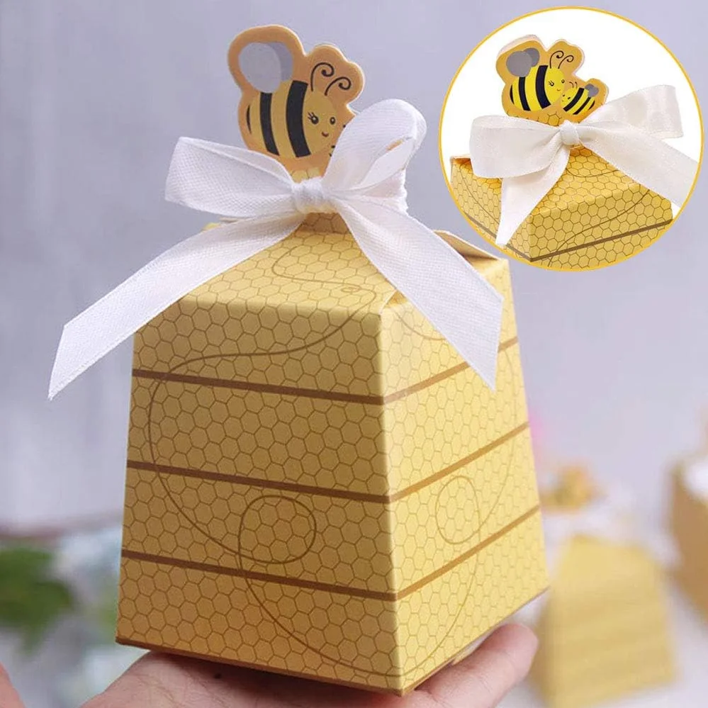 25PCS Paper Beehive-Shaped Gift Boxes with Ribbons, Fun Bee Party Favor Packaging for Weddings, Birthdays, Baby Showers, Candy or Small Gifts, Decorative Party Boxes, Factory Direct Supply 4
