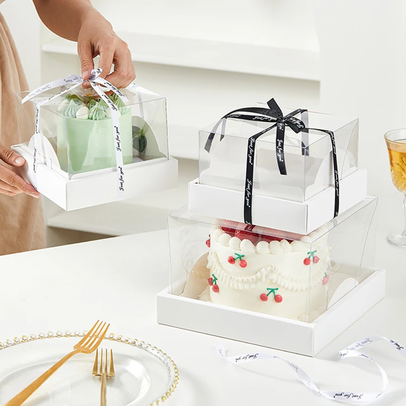 5/10 Pcs Square Transparent Cake Box 4/6 Inch – Clear PVC and White Cardboard Dessert Container for Birthday, Wedding, Christmas, DIY Cakes, Pastry Packaging, Party Treat Storage, Snack & Sushi Organizer 7