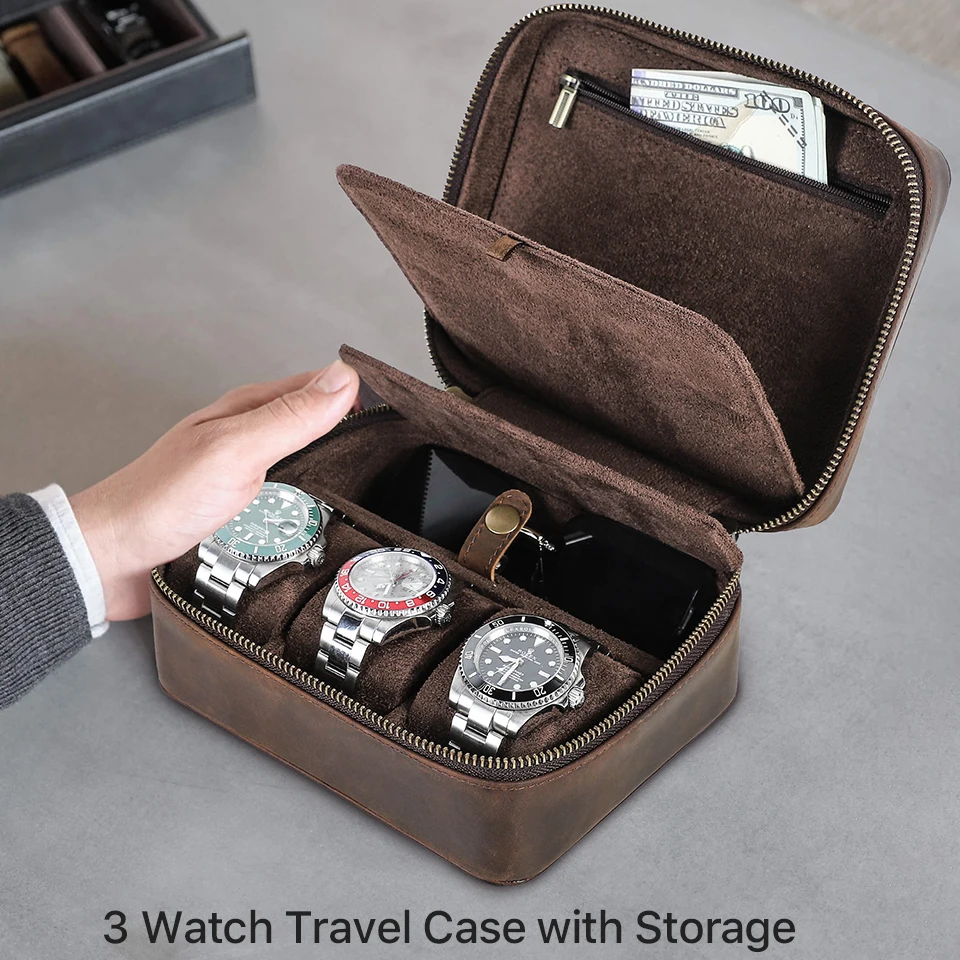 Travel Watch Organizer | Premium Retro Genuine Leather Travel Organizer for Watches, Sunglasses and Jewelry with Soft Velvet Lining, Multi-slot Storage Box, Elegant Gift Case for Men and Women, Portable and Durable Luxury Design
