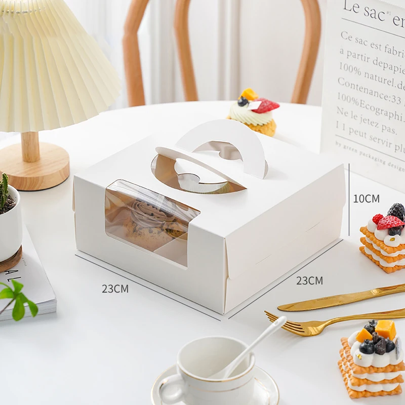 5 Pcs 6-Inch White Paper Cake Boxes with Handle – Windowed Packaging for Mousse, Pastries, Cupcakes, Birthday Celebrations, Wedding Dessert Gifts, and Portable Bakery Takeaway Containers - 图片 5