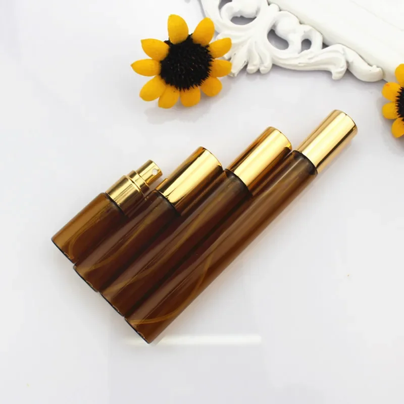 5pcs/lot Amber Glass Mini Spray Bottles, 5ML 10ML 15ML 20ML Portable Refillable Thin Glass Vials with Gold/Silver Cap, Sample Atomizer Containers for Travel, Essential Oils, DIY Liquids