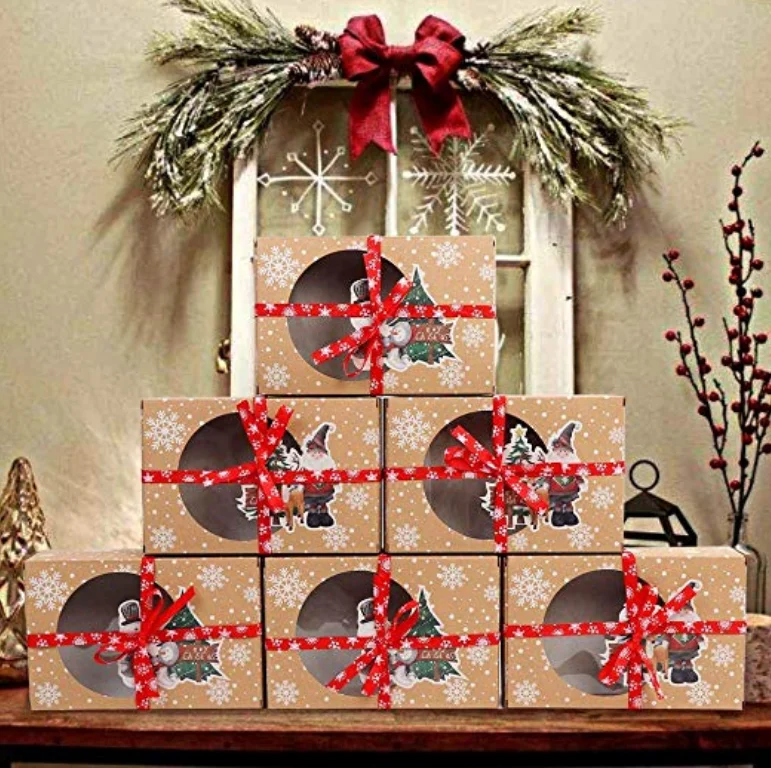 12pcs Christmas Cookie and Doughnut Paper Boxes with Clear Window, Bakery Gift Boxes with Festive Ribbons for Holiday Parties, Treat Packaging, Holiday Cookie Gift Presentation 2