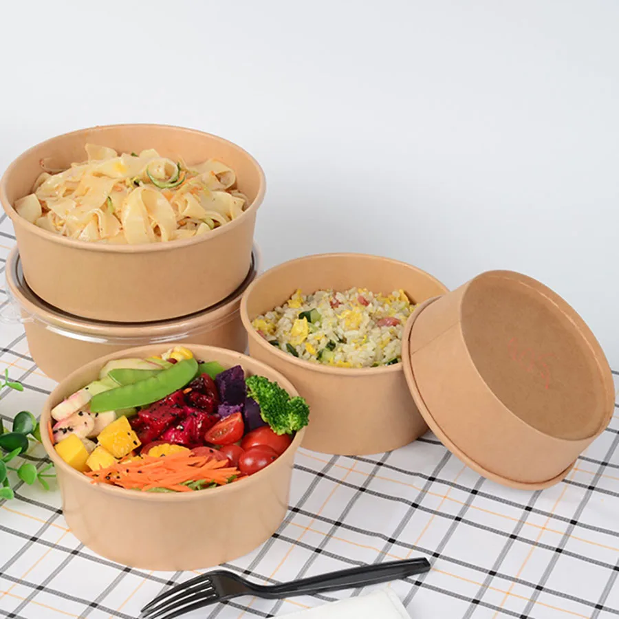 20Pcs Disposable Kraft Paper Bowls with Lids, Eco-Friendly Takeaway Salad Containers, Leak-Proof Lunch Box for Soup, Rice, Noodles, Snacks, Fruit, Desserts, Fast Food Packaging for Parties & Catering 2