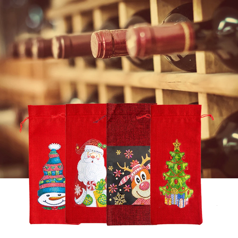 Christmas 5D Diamond Art Wine Gift Bag – DIY Rhinestone Drawstring Linen Bottle Cover, Festive Burlap Packaging for Holiday Parties, Santa Pattern Reusable Wine Bag for Crafts & Gifting 2