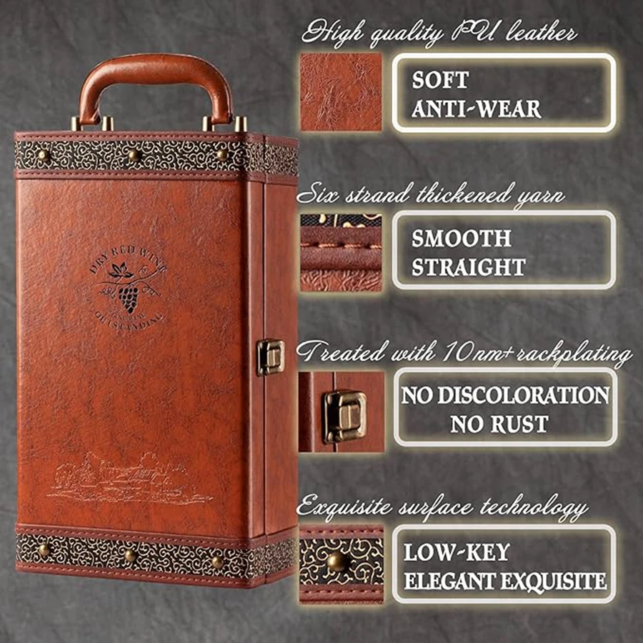 2 Bottle Wine Gift Box with 4 Accessories Set – PU Leather Portable Wine Carrier Tote, Dual Bottle Storage and Presentation Box for Home Display, Business Gifting, and Wine Collection 2