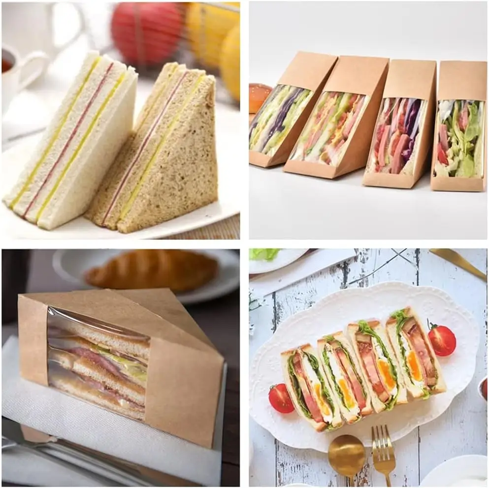 Kraft Paper Sandwich Boxes with Transparent Window, Disposable Charcuterie and Sushi Containers, Cake Slice Packaging for Bakery, Café Takeaway, Party Catering and Restaurant Food Service - 图片 3