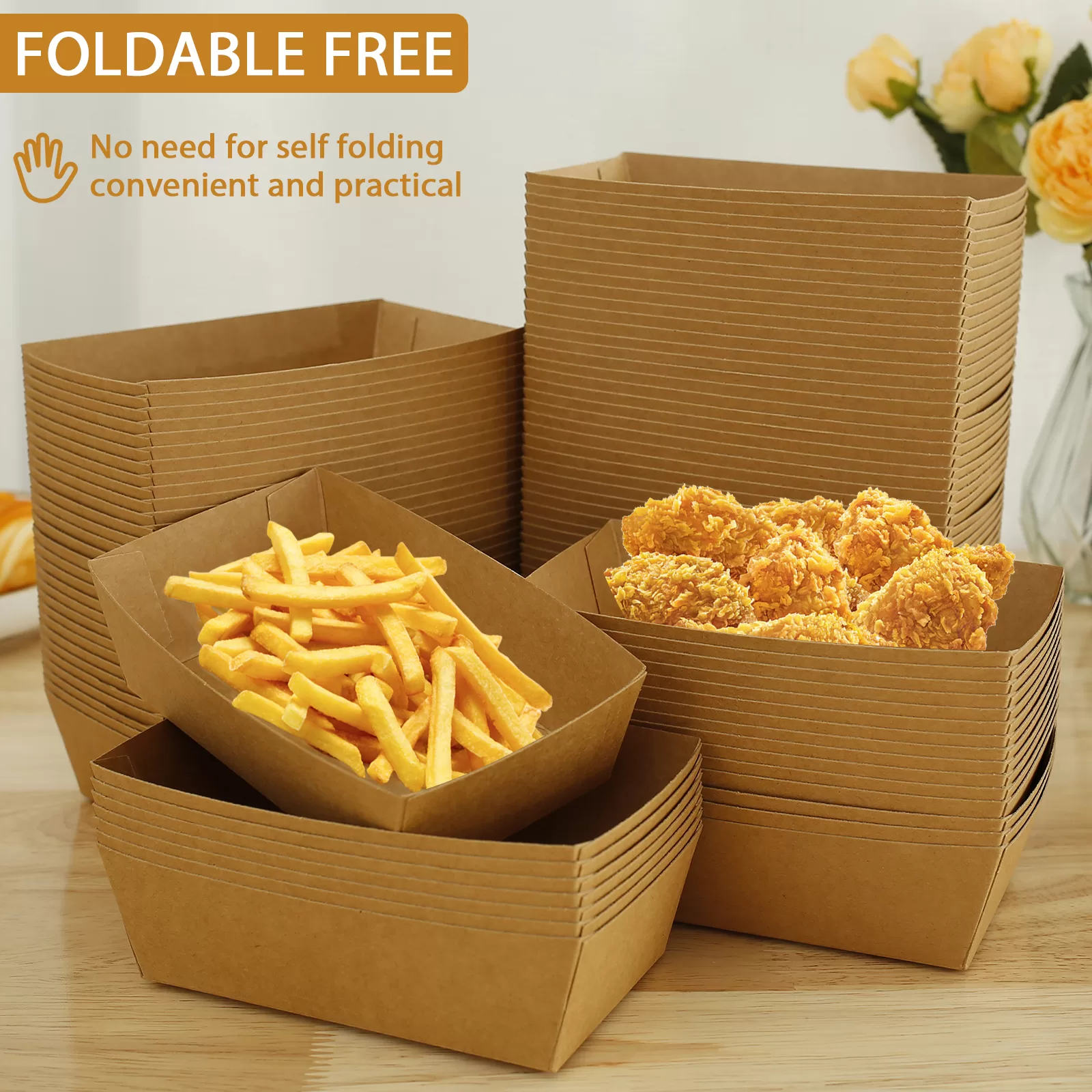 100PCS Brown Paper Food Trays Oil-Proof Disposable Snack Boats Eco-Friendly Recyclable Take Out Food Boxes for French Fries Burgers Hot Dogs Chips Nachos Party Picnic Camping Festival 1