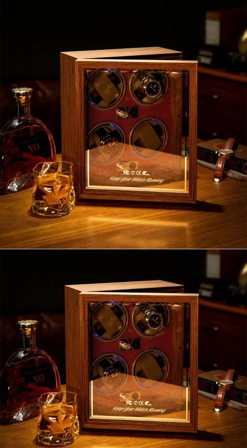 Luxury Automatic Watch Winder – Wooden Retro Organizer with Silent Motor and Anti-Magnetic Design, High-Density Pine & Leather Construction, Multiple Slots with USB Power, LED Light, 5 Rotation Modes 2
