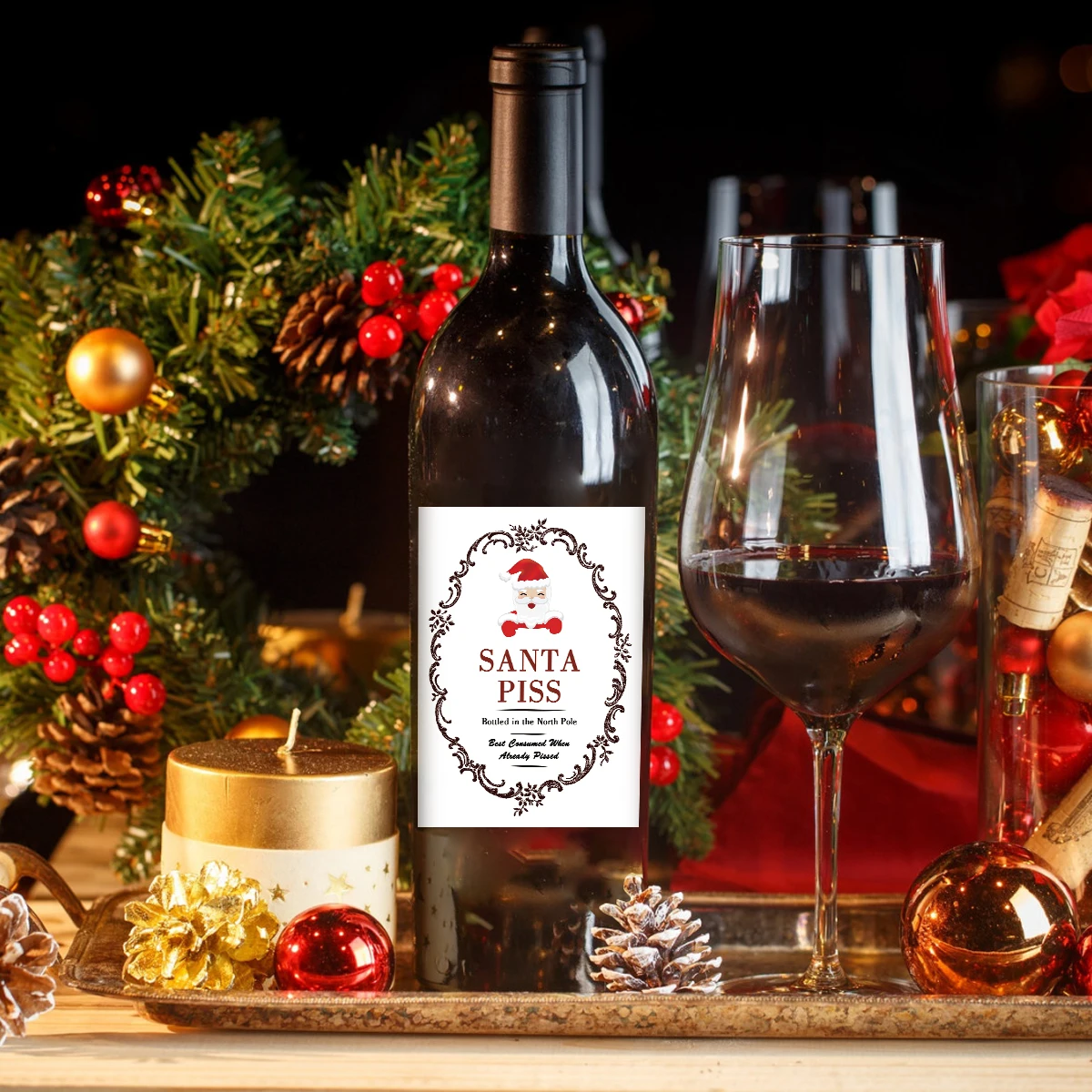 5-Pack Funny Santa Claus Christmas Wine Bottle Stickers – Self-Adhesive Holiday Wine Labels with Novelty Joke for Party Decor, Gifts, and Festive Celebration 7