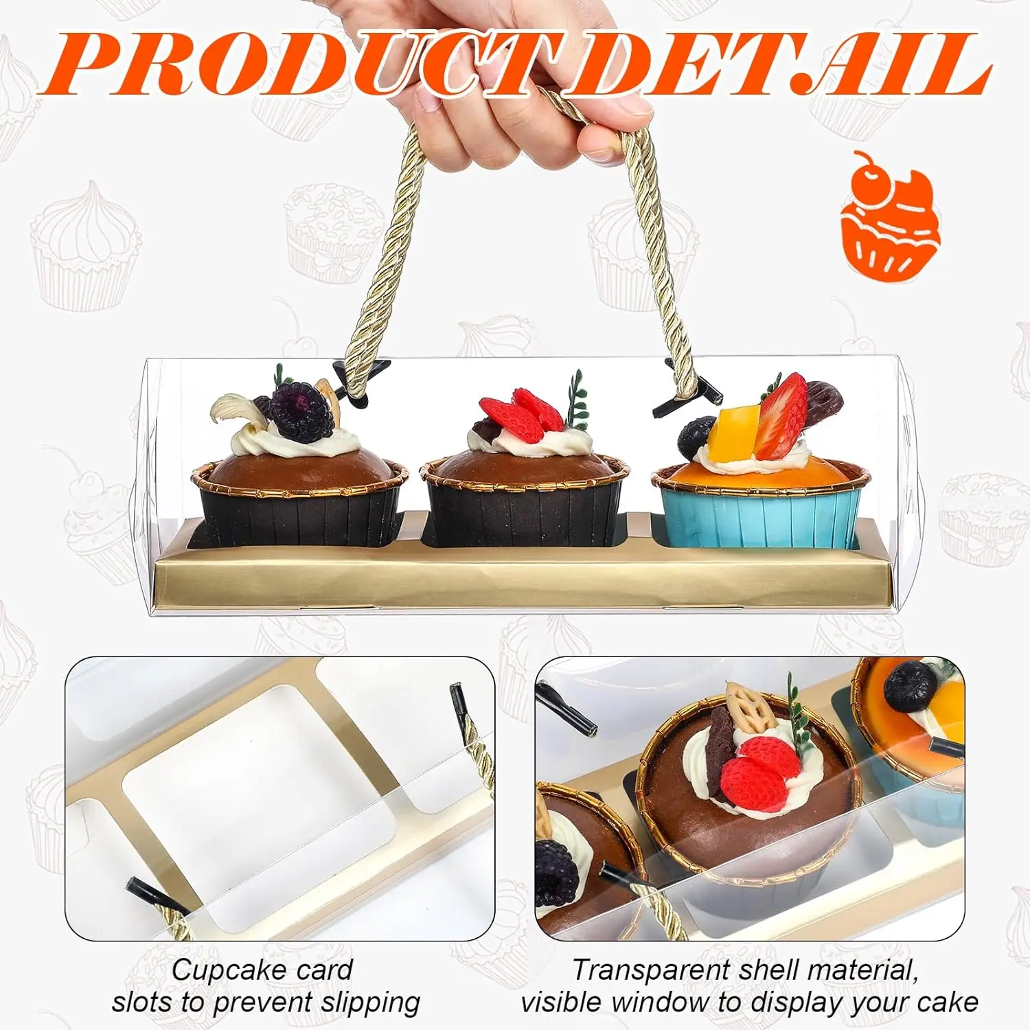10Pcs Clear Cupcake Boxes with Rope Handles, Portable Rectangular 3-Compartment Cake Containers, PET and Cardboard Dessert Carriers for Parties, Weddings, Birthdays, Baby Showers - 图片 5