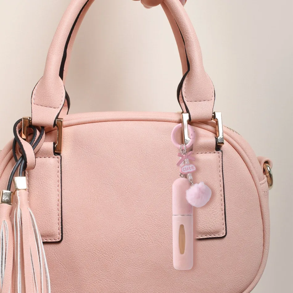New Plush Perfume Keychain Bottle 5ML Refillable Mini Atomizer with Charger Base, Cute Soft Hanging J-Shape Key Ring Travel Spray Container for Women, Portable Sub-Bottling Cosmetic Perfume Holder 3