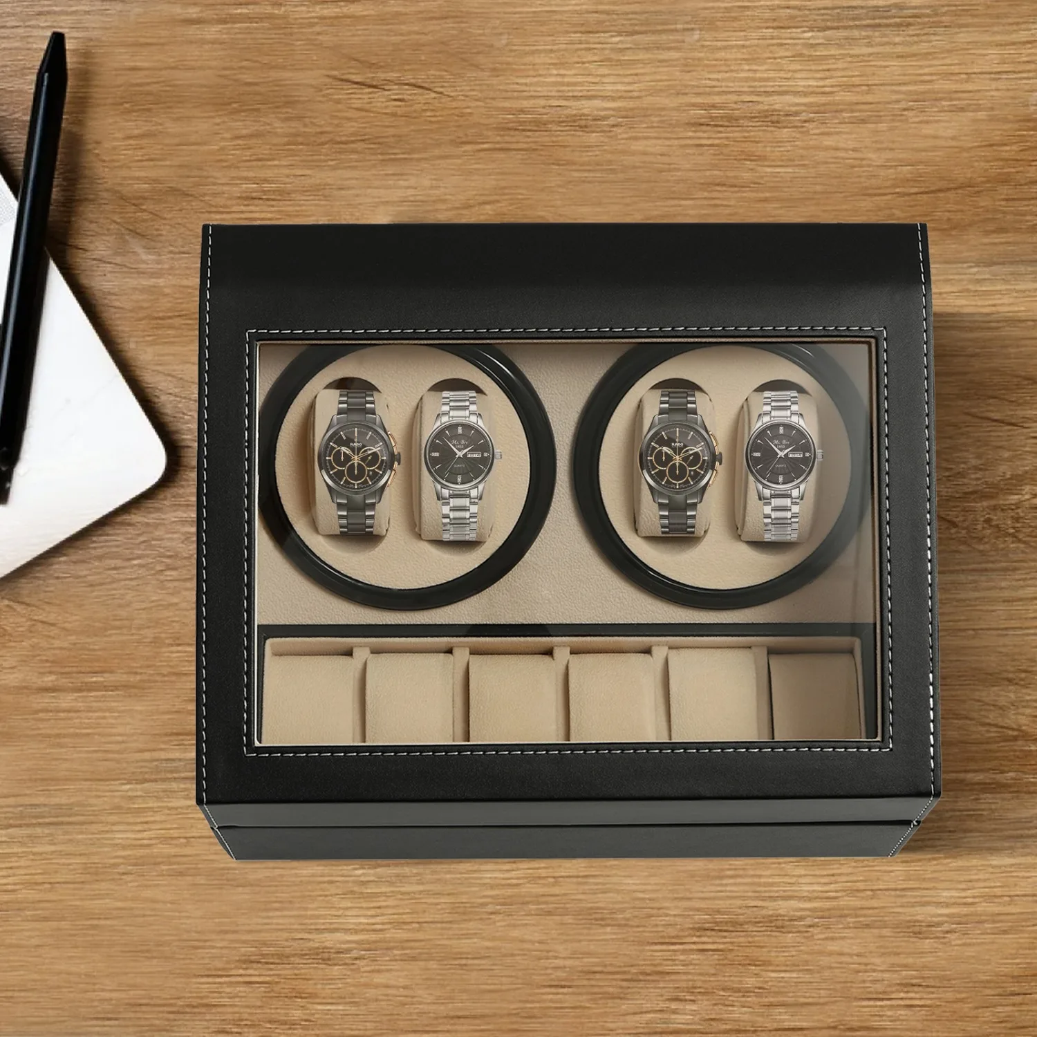 Travel Watch Winder | Automatic Watch Winder Case 4+6 Display Slots, Silent Motor Leather & Wood Organizer Box with Piano Finish, Dual Rotation Modes, Glass Cover, Black/Khaki Modern Collector Storage with US Plug 1