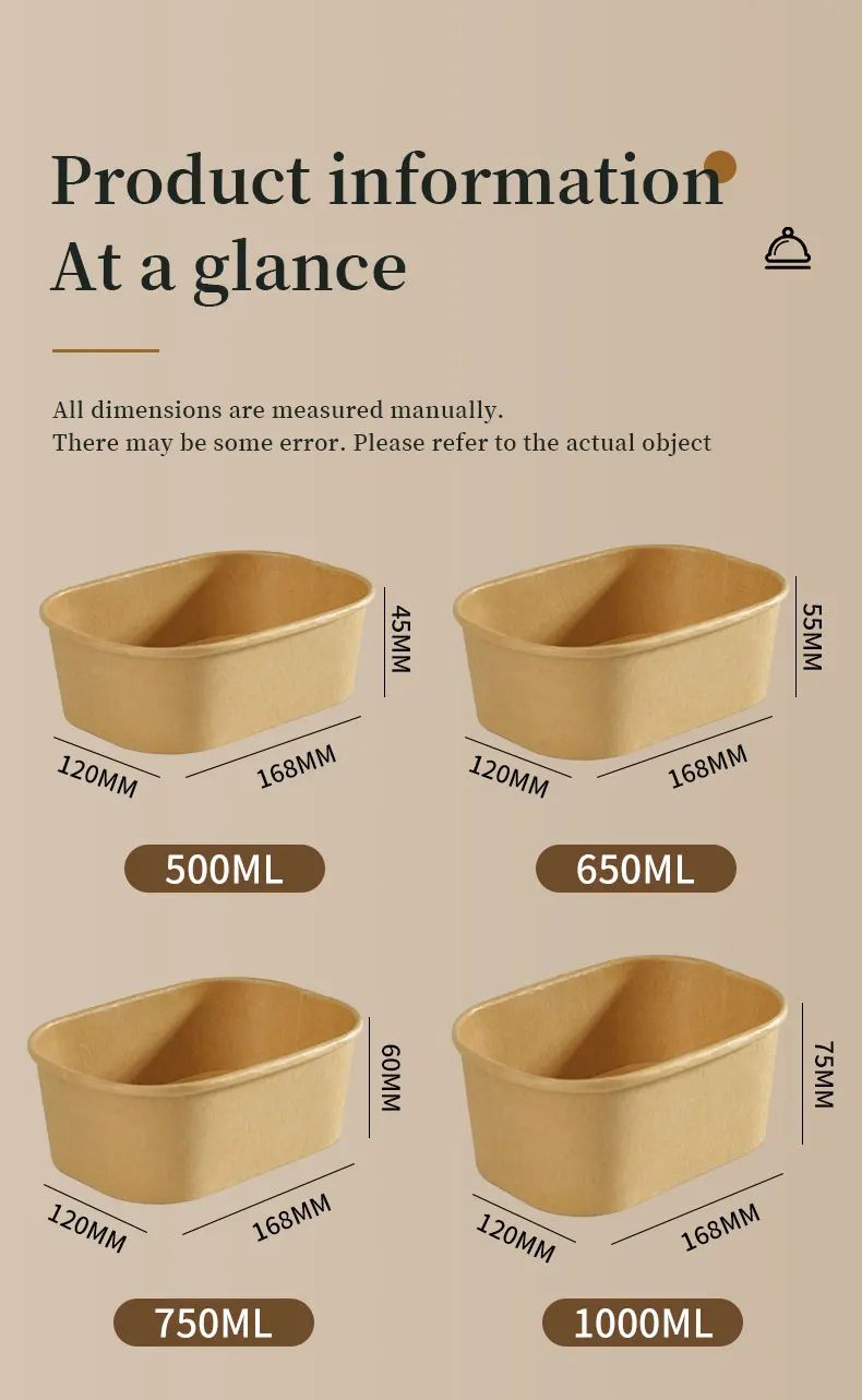 25-Pack Kraft Paper Lunch Box Bowls with Lids Disposable Square Food Containers for Salads Fast Food Bento Meals Takeout Microwave-Safe Food Storage Containers 500ml-1000ml 5